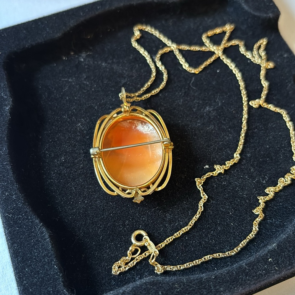 Gorgeous Victorian 12KGF shell Cameo pendant or brooch on a 14kGF 24” chain - Picture 5 of 8